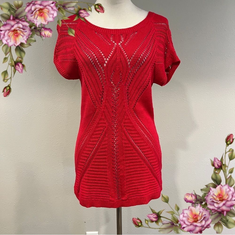 DressBarn Red Knit see through short sleeve sweater size‎ medium